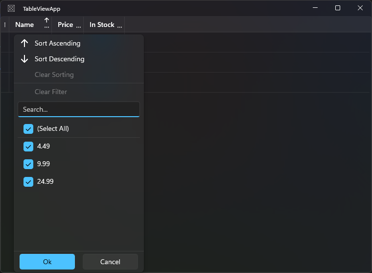 Filter flyout showing value checkboxes